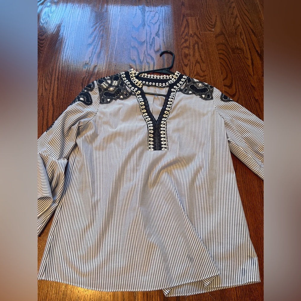 Kobi Halperin Black & White Striped Embroidered V-Neck Top